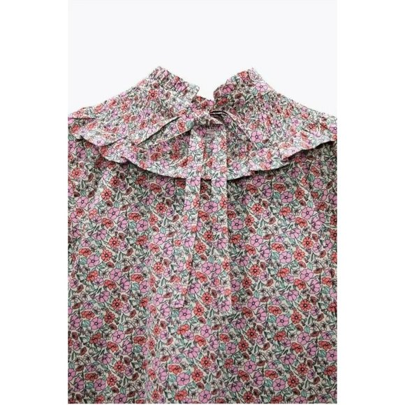 ZARA Cotton Smock Ruffle Floral Print Poplin Blouse Shortsleeve Elastic S Pink - Picture 6 of 12
